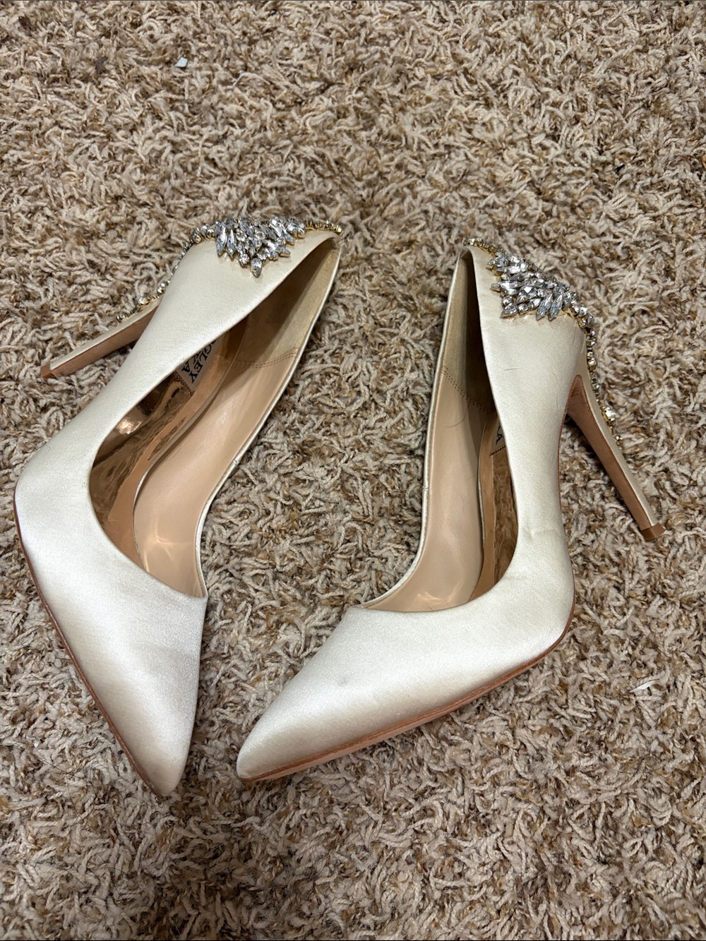 Badgley Mischka Cream Satin Pointed-Toe Pumps with Crystal Embellishment - Picture 2 of 4